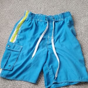 Vibrant Blue Men's Swim Trunks with White and Yellow Accents